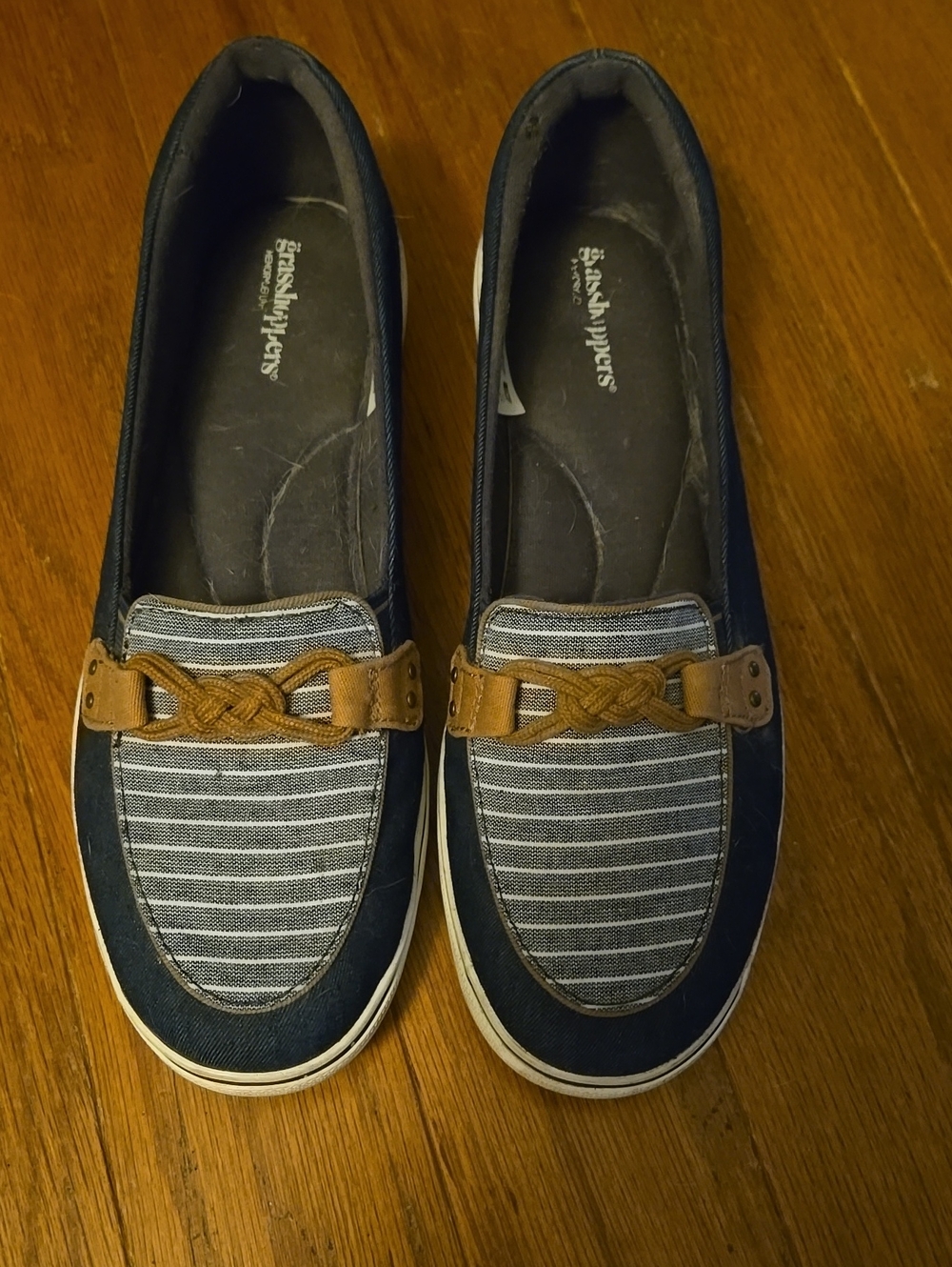 Keds Navy and White Striped Slip-On Loafers with Tan Braided Accent